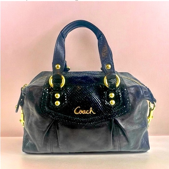 Coach Ashley Black Snakeskin Accents Leather Satchel Bag MSRP $358 - Picture 1 of 6